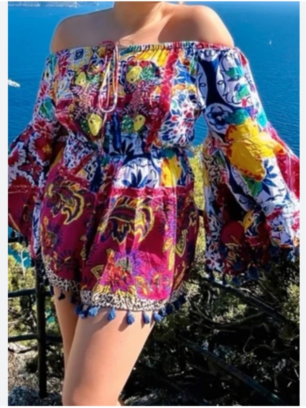 Antica Sartorial Positano Bohemian Shorts Romper Tassels Beaded Fruit Front - Picture 9 of 9
